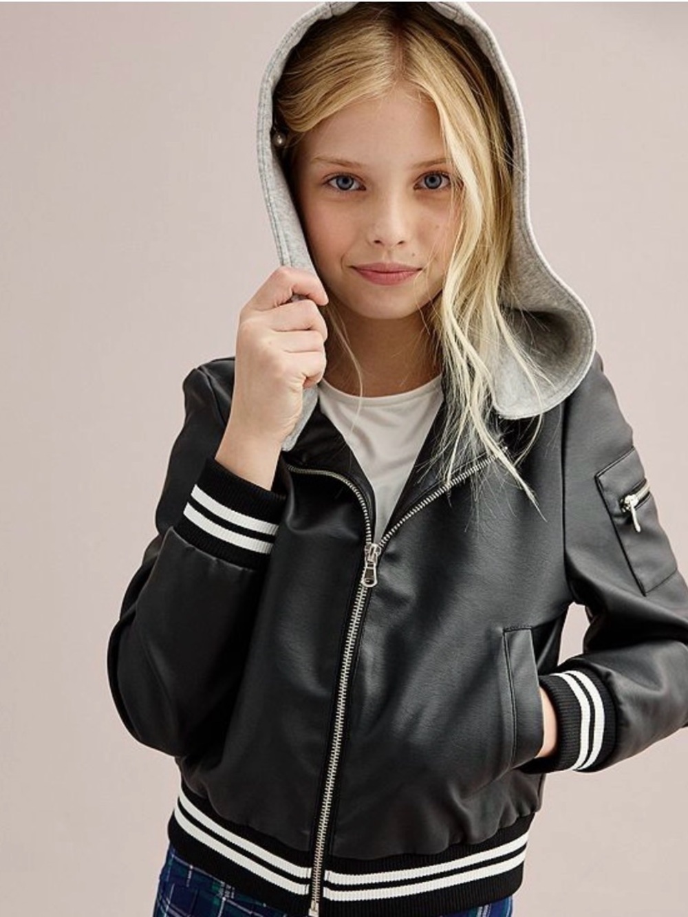 SO Black Faux Leather Hooded Bomber Jacket with Gray Lining